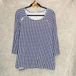 Rafaella 2X Top Shirt Blue White Geometric Scoop Neck 3/4 Sleeve Cutout Womens